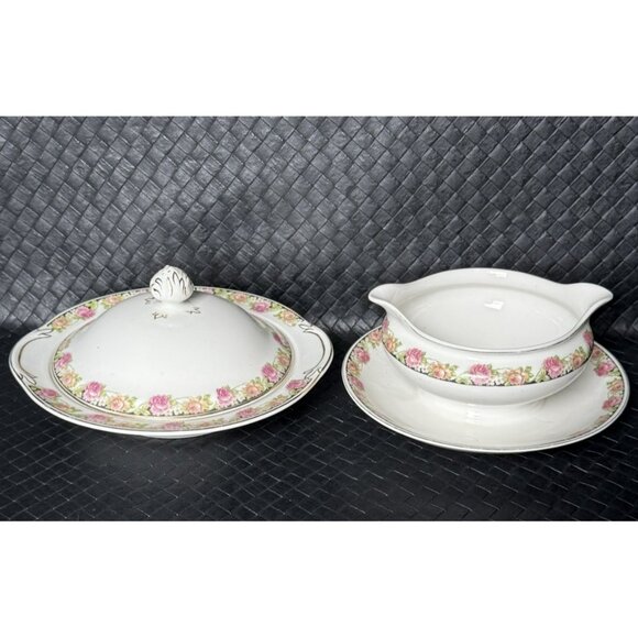 Antique Johnson Bros England Gravy Boat And Cheese/butter Dish